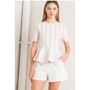 1120 • Cream & Pink Thick Knit Fitted Sleeveless Peplum Top